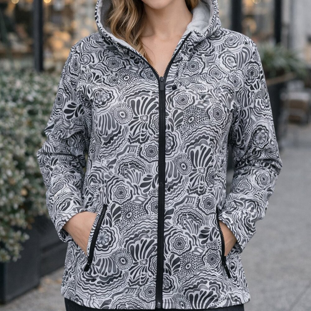 Spyder Grey print fleece lined jacket, EUC, Sz L, hood, sporty casual